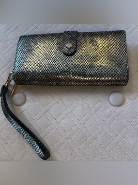 Danier Leather Metallic Gold & Black Snake-Print Wristlet Wallet